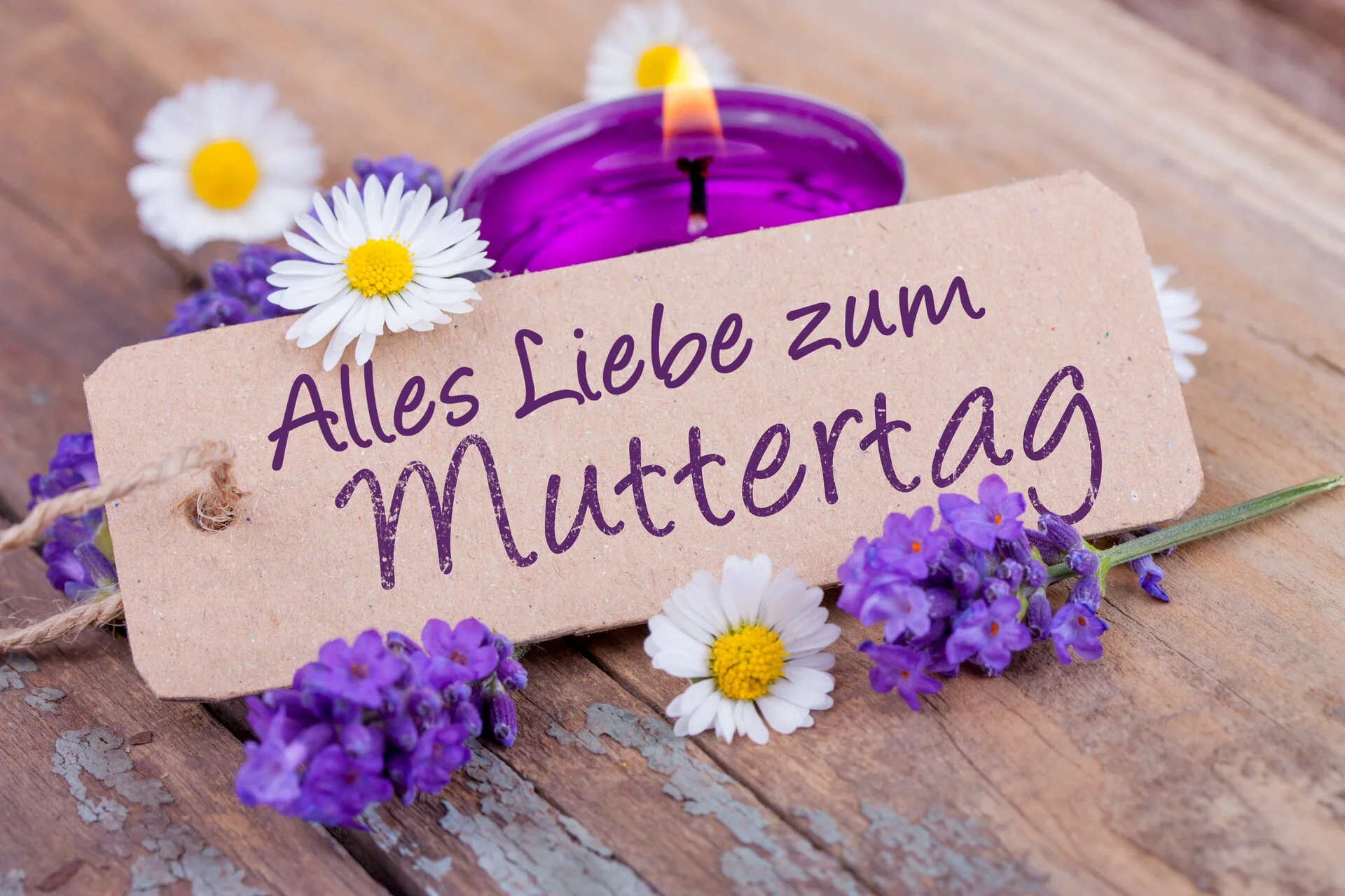 Muttertagsbild mit lila Blumen, Kamille und einer Lila Kerze. Darauf ein Zettel mit dem Text "Alles Liebe zum Muttertag"